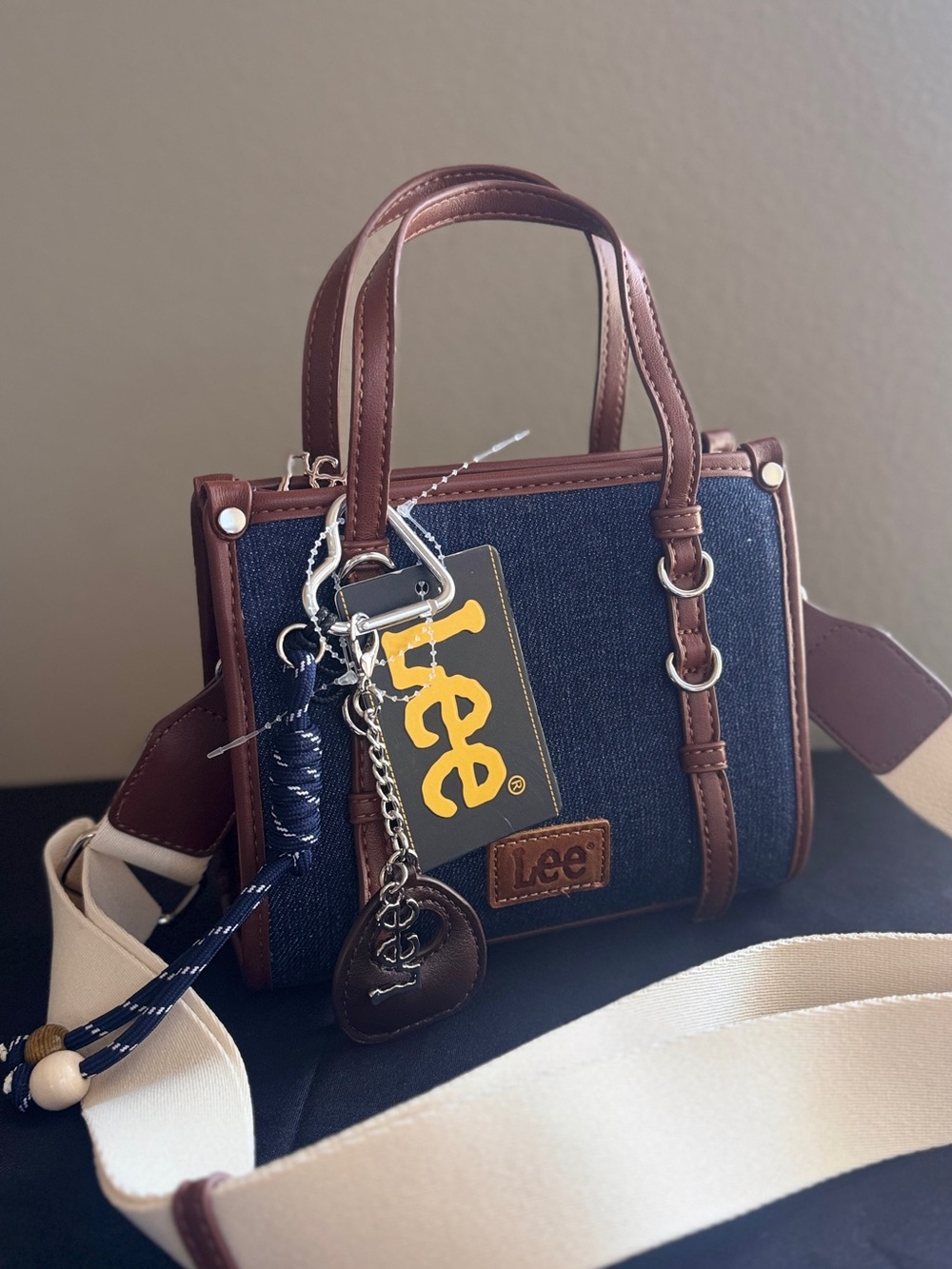Lee Navy Denim Satchel with Brown Trim and Cream Strap